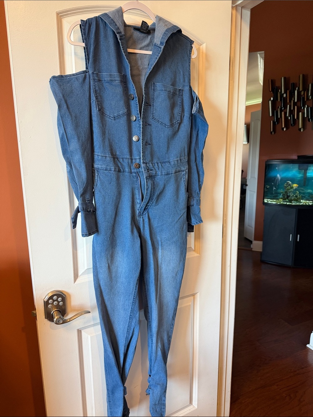 Ashley Stewart Hooded Denim Button-Front Jumpsuit - Blue